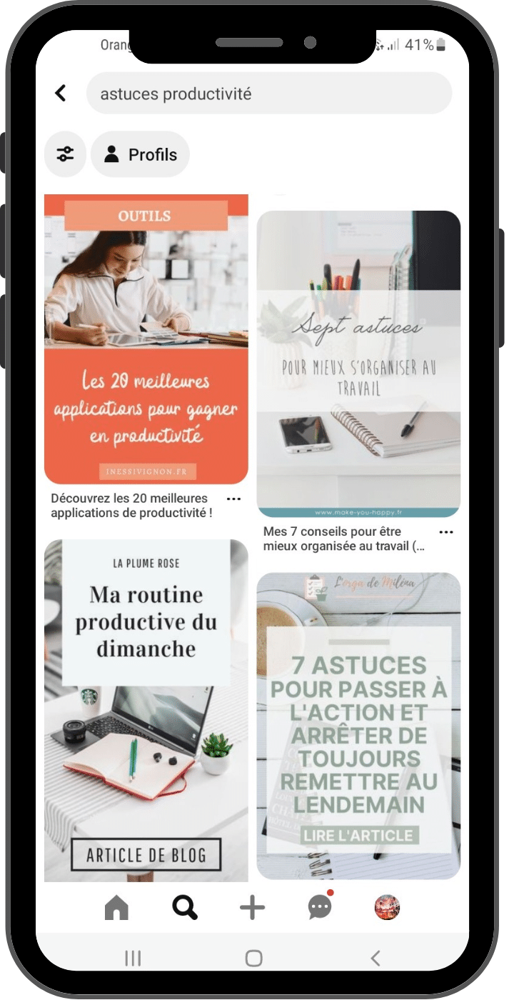 exemple de recherche Pinterest "astuces productivité"